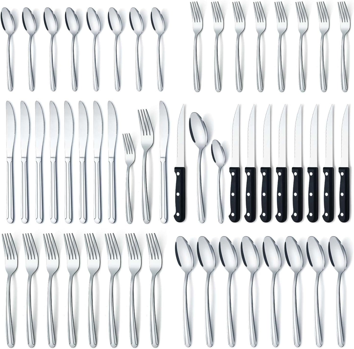 BEWOS 48 Pieces Cutlery Set for 8, Silverware Sets with Steak Knives, Stainless Steel Cutlery, Mirror Polished Flatware Set, Knife, Spoon and Fork Set, Silverware, Dishwasher Safe Utensil Set