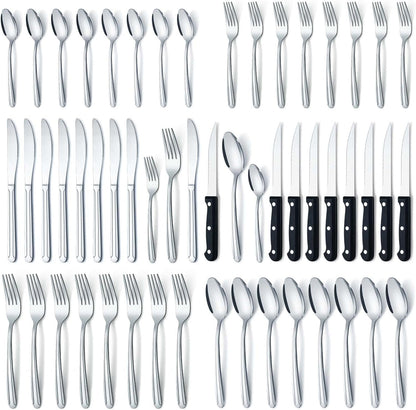 BEWOS 48 Pieces Cutlery Set for 8, Silverware Sets with Steak Knives, Stainless Steel Cutlery, Mirror Polished Flatware Set, Knife, Spoon and Fork Set, Silverware, Dishwasher Safe Utensil Set