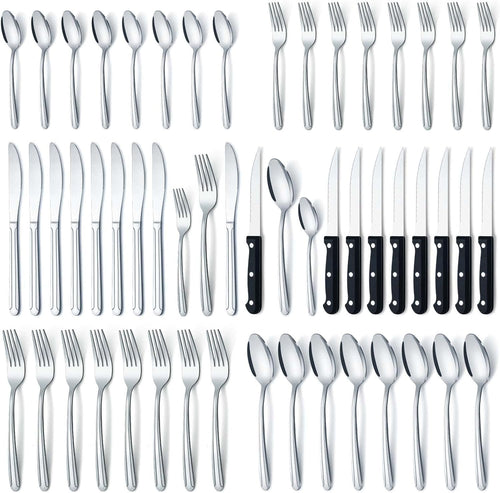 BEWOS 48 Pieces Cutlery Set for 8, Silverware Sets with Steak Knives, Stainless Steel Cutlery, Mirror Polished Flatware Set, Knife, Spoon and Fork Set, Silverware, Dishwasher Safe Utensil Set