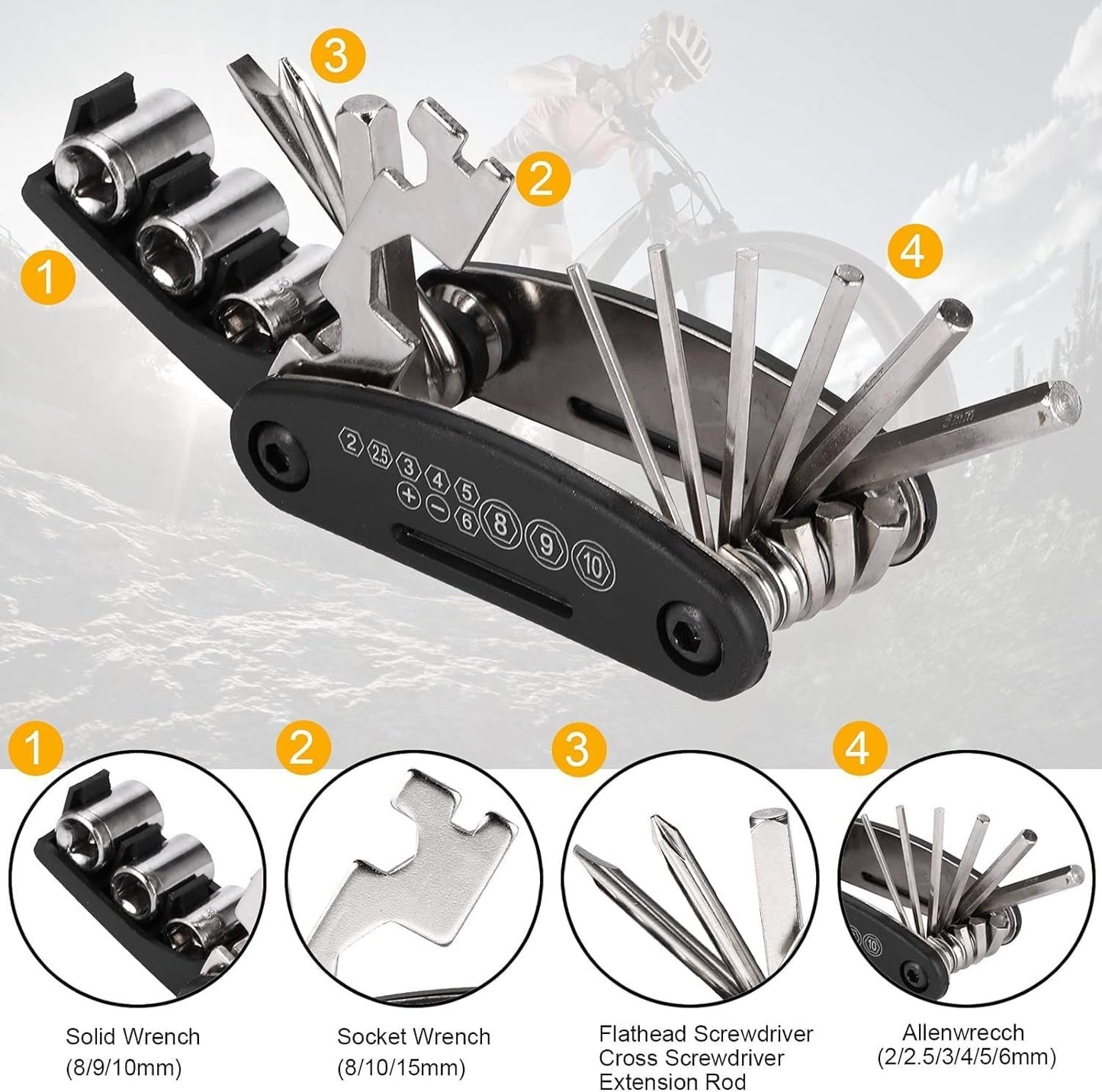 Bike Repair Tool Kit - Bike Saddle Bag and Emergency Tool Repair Set with 16 in 1 Multi-Tool Bicycle Pump, Tire Lever, Glueless Tires, Used for Mountain and Road Bike