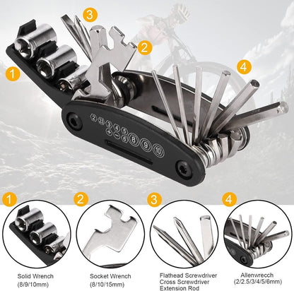 Bike Repair Tool Kit - Bike Saddle Bag and Emergency Tool Repair Set with 16 in 1 Multi-Tool Bicycle Pump, Tire Lever, Glueless Tires, Used for Mountain and Road Bike