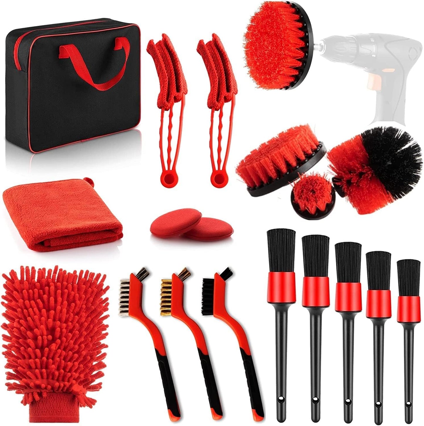 Car Cleaning Tools Kit, YFGKAU-19 Pcs Car Detailing Brush Set with Carry Bag - Driller Attachment Set & All Purpose Clean for Cleaning Automobile Interior, Exterior, Wheels, Dashboard, Leather, Air Vents