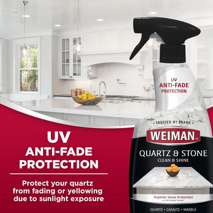 Weiman Quartz Countertop Cleaner and Polish - 24 Ounce (2 Pack) with Microfiber Towel Included - Clean and Shine Quartz Countertops Islands and Stone Surfaces, UV Protection, Orange Citrus Scent