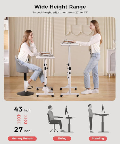 Small Standing Desk Adjustable Height 32 Inch Mobile Sit Stand up Portable Rolling with Wheels Standing Desk for Walking pad Treadmill White