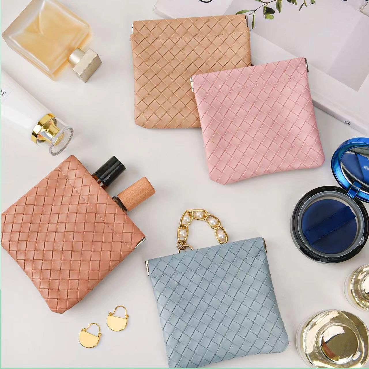 4PCS Small Makeup Bag for Purse，Waterproof Leather Portable Mini Makeup Bag,Snap Closure Organizer Pouch for Coins Cards Jewelry Lipstick Cosmetic Accessories，Small Travel Kit Storage Pouch,