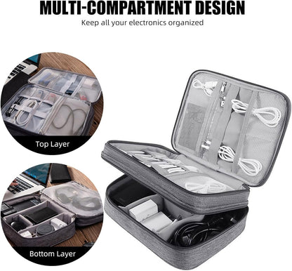 Portable Double-Layer Electronic Accessory Bag Sorting Bag - Waterproof Digital Storage Bag for Travel, Oxford Cloth Material, Large Capacity with Detachable Partition (Black + Blue)