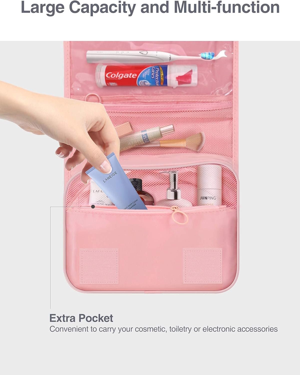Luxtude Travel Toiletry Bag with Hanging Hook, Makeup Cosmetic Bag Travel Organizer for Hygiene Accessories, Shampoo, Full Sized Container, Toiletries, 4 Refillable Travel Bottles are included (Pink)
