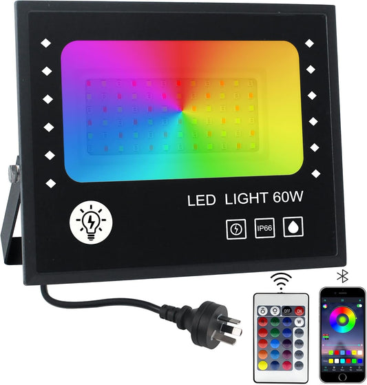BOSITE 60W RGB Floodlight, IP66 Waterproof RGB LED Lights Outdoor, 16 Million Colors Flood Light, Dimmable Garden Light with Smart App Control for Yard/Stage Lighting/Christmas/Halloween Parties Decor