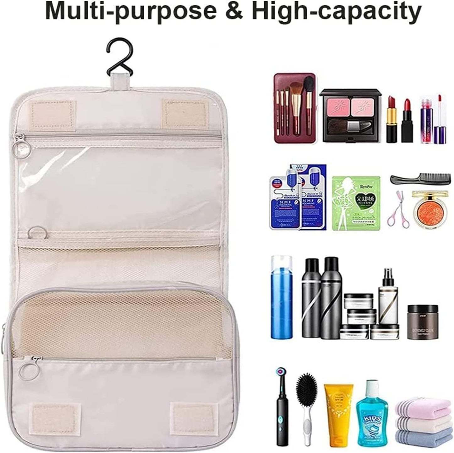 JCZD Hanging Toiletry Bag, Travel Wash Bag for Women Portable Folding Cosmetic Organizer Large Capacity Girls Makeup Bag Waterproof Shower Bag with Separate Compartment (Beige)