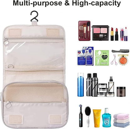 JCZD Hanging Toiletry Bag, Travel Wash Bag for Women Portable Folding Cosmetic Organizer Large Capacity Girls Makeup Bag Waterproof Shower Bag with Separate Compartment (Beige)