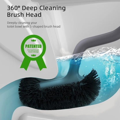 HAMITOR Toilet Brush and Holder Set: Curved Design Bathroom Toilet Bowl Cleaner Brush for Deep Cleaning Under Rim- Flexible Bristles Toilet Scrubber with Long Handle- Modern Travel RV Tools- Gray