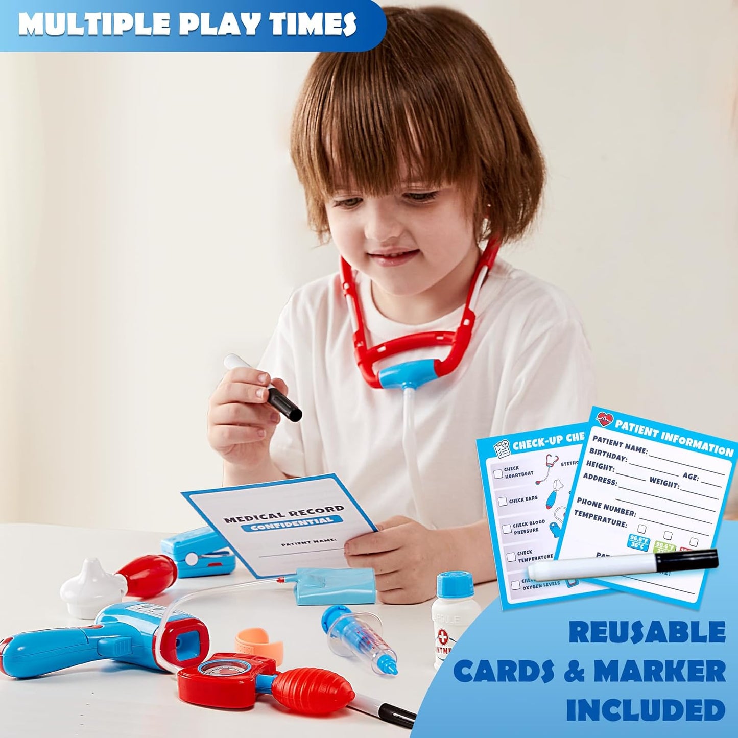 Play-Act Kids Doctor Kit, 16-Piece Pretend Play Medical Kit with Bag, Doctor Role Play Set with Realistic Toy Stethoscope, Reusable Record Cards, Dress Up Playset for Toddlers Ages 3+