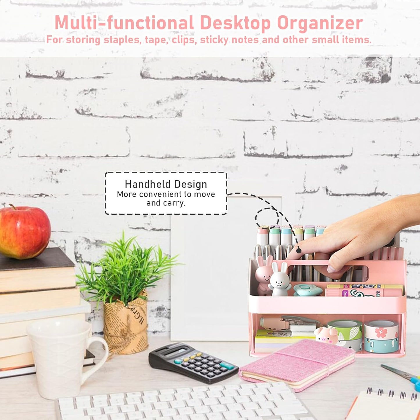 SAYEEC Desk Organizer Multi-Functional Desktop Makeup Stationery Accessories Organizer Desk Organization Storage Box Caddy for Office School Home Vanity Table (Pink with Handle)
