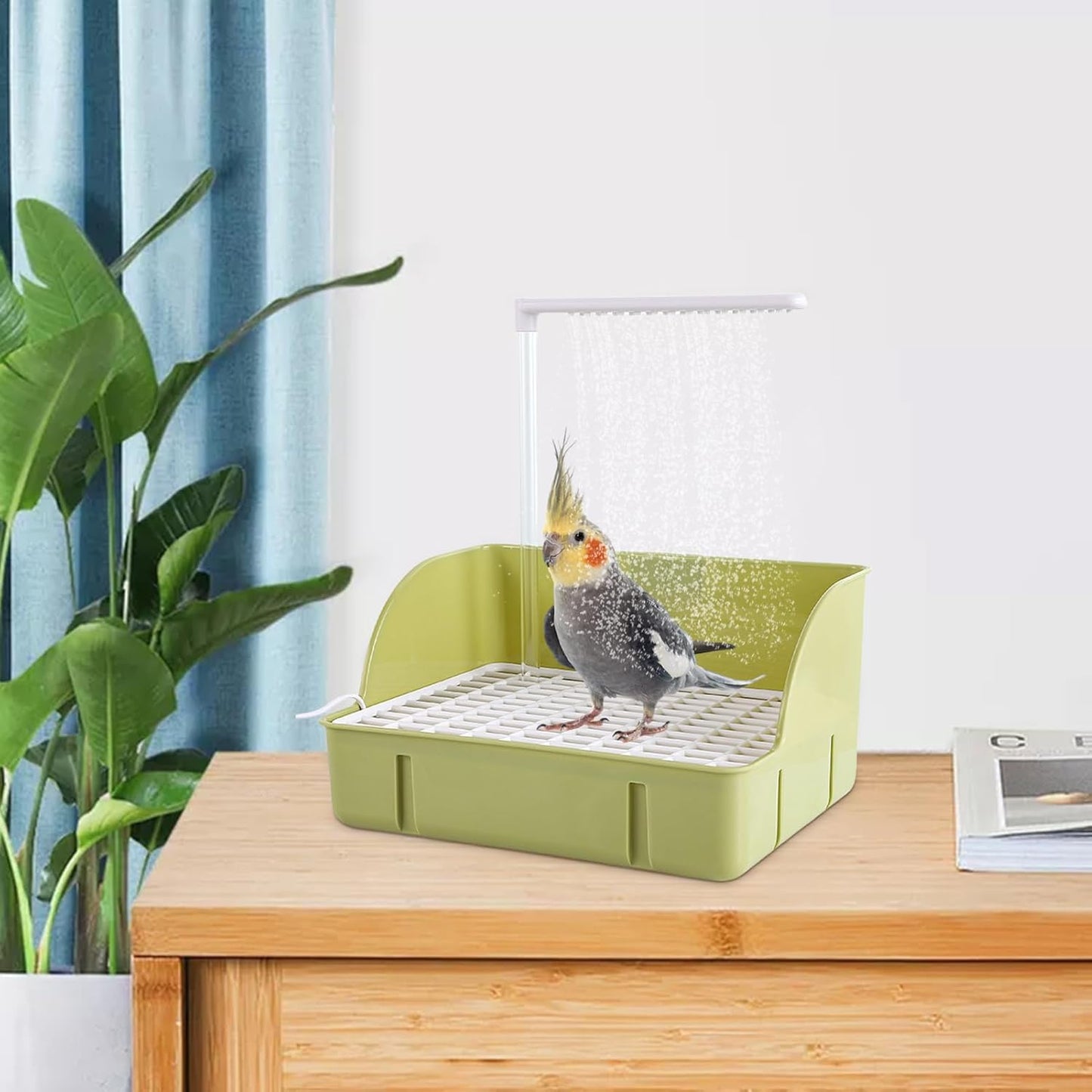 Automatic Water Circulation Parrot Shower, Electric Bird Bathtub, Multi-Purpose Bathing Station with Gentle Flow Peonies, Medium Parrots, Budgies, And Parakeets, 20.5cm Green White