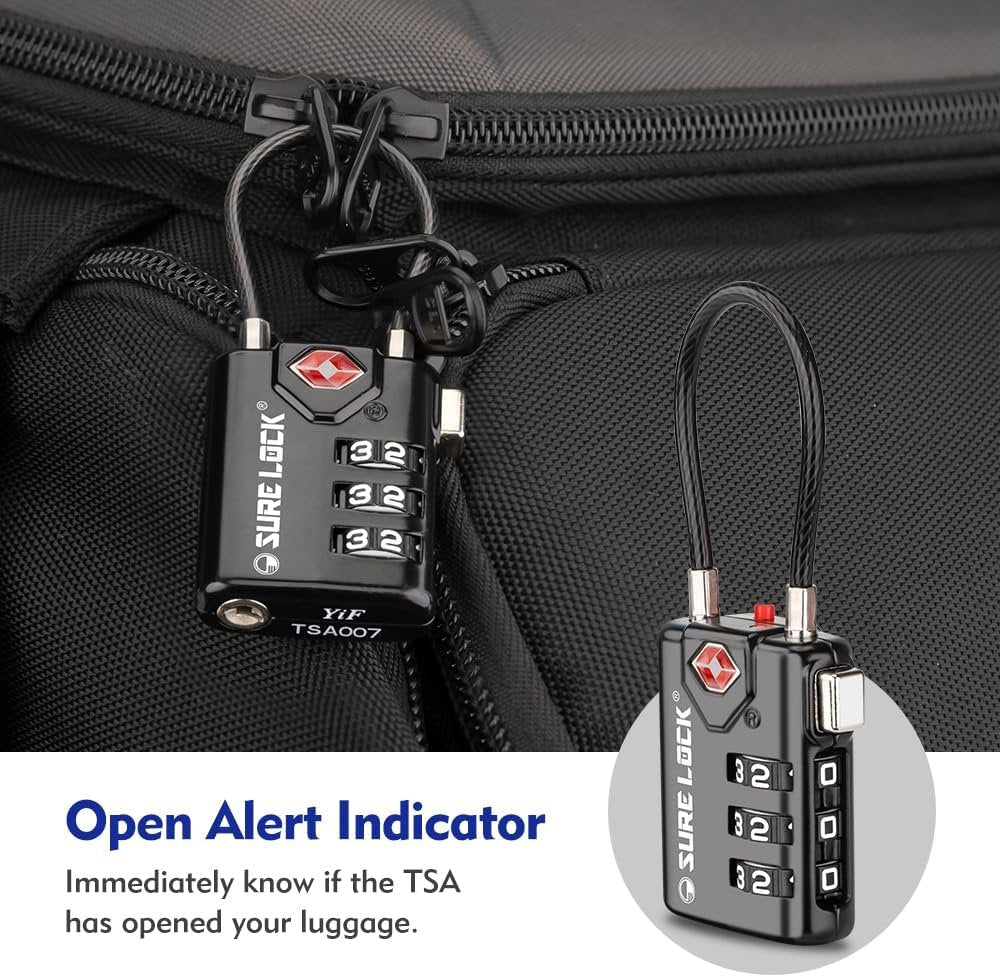 SURE LOCK TSA Compatible Travel Luggage Locks, Inspection Indicator, Easy Read Dials TSA Approved with Zinc Alloy, BLACK 4 PACK, earnest