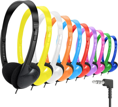 Kids Headphones Bulk 10 Pack for School Classroom Student Children Toddler Boys Girls Teen and Adult,Multi Color Wholesale Wired Adjustable On Ear Earphones for Library Airplane(HTC002)