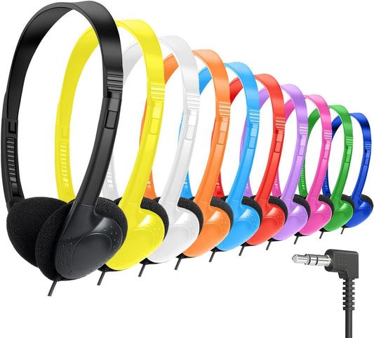 Kids Headphones Bulk 10 Pack for School Classroom Student Children Toddler Boys Girls Teen and Adult,Multi Color Wholesale Wired Adjustable On Ear Earphones for Library Airplane(HTC002)