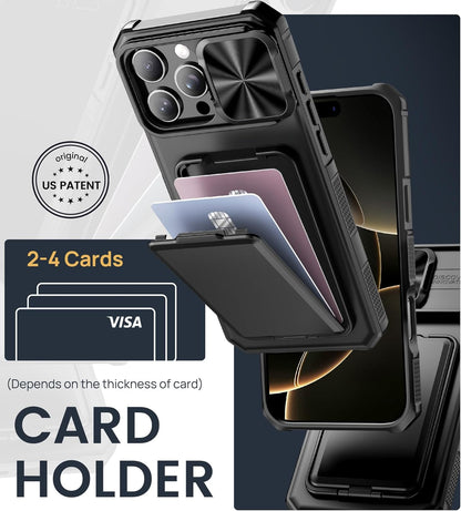 SIXBOX for iPhone 16 Pro Max Case with Card Holder & Kickstand & Slide Camera Lens Cover, Silicone Edge Protection Rugged Heavy Duty Phone Case Cover for iPhone 16 Pro Max 6.9'' 2024, Black