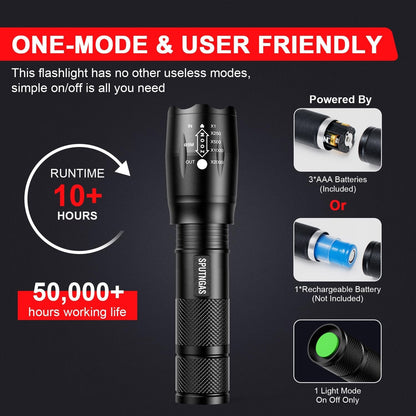 HinsGEAR LED Flashlight 1 Mode, Ultra Bright XML T6 Handheld Flashlights - High Lumens Zoomable Single Mode Flash Light - Perfect for Camping Biking Home Emergency and Gift-Giving (4 Pack)