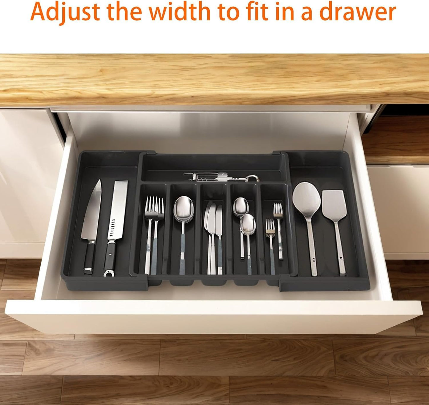 VEHIRANS Cutlery Utensil Drawer Organizer, Expandable Utensil Tray for Kitchen, Silverware Holder, Adjustable Plastic Storage for Spoons Forks Knives, Organizers and Storage,Large (Black)