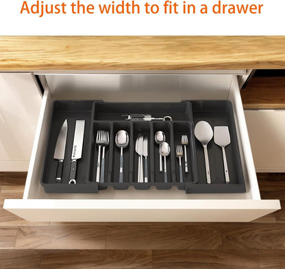 VEHIRANS Cutlery Utensil Drawer Organizer, Expandable Utensil Tray for Kitchen, Silverware Holder, Adjustable Plastic Storage for Spoons Forks Knives, Organizers and Storage,Large (Black)