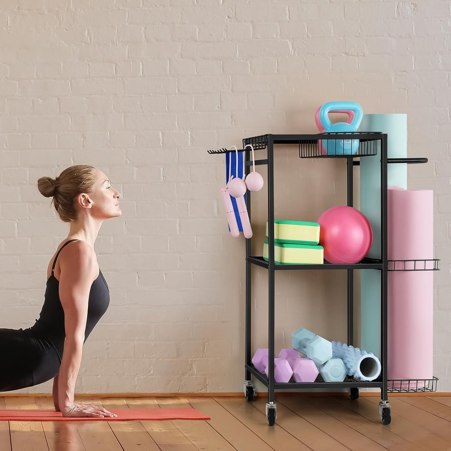 Weight Rack for Dumbbells Home Gym Equipment Storage Rack Workout Equipment Storage Cart with Hooks for Yoga Mats, Dumbbells, Kettlebells, Foam Rollers, and Resistance Bands