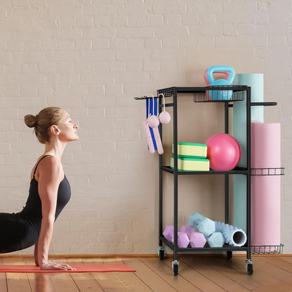 Weight Rack for Dumbbells Home Gym Equipment Storage Rack Workout Equipment Storage Cart with Hooks for Yoga Mats, Dumbbells, Kettlebells, Foam Rollers, and Resistance Bands