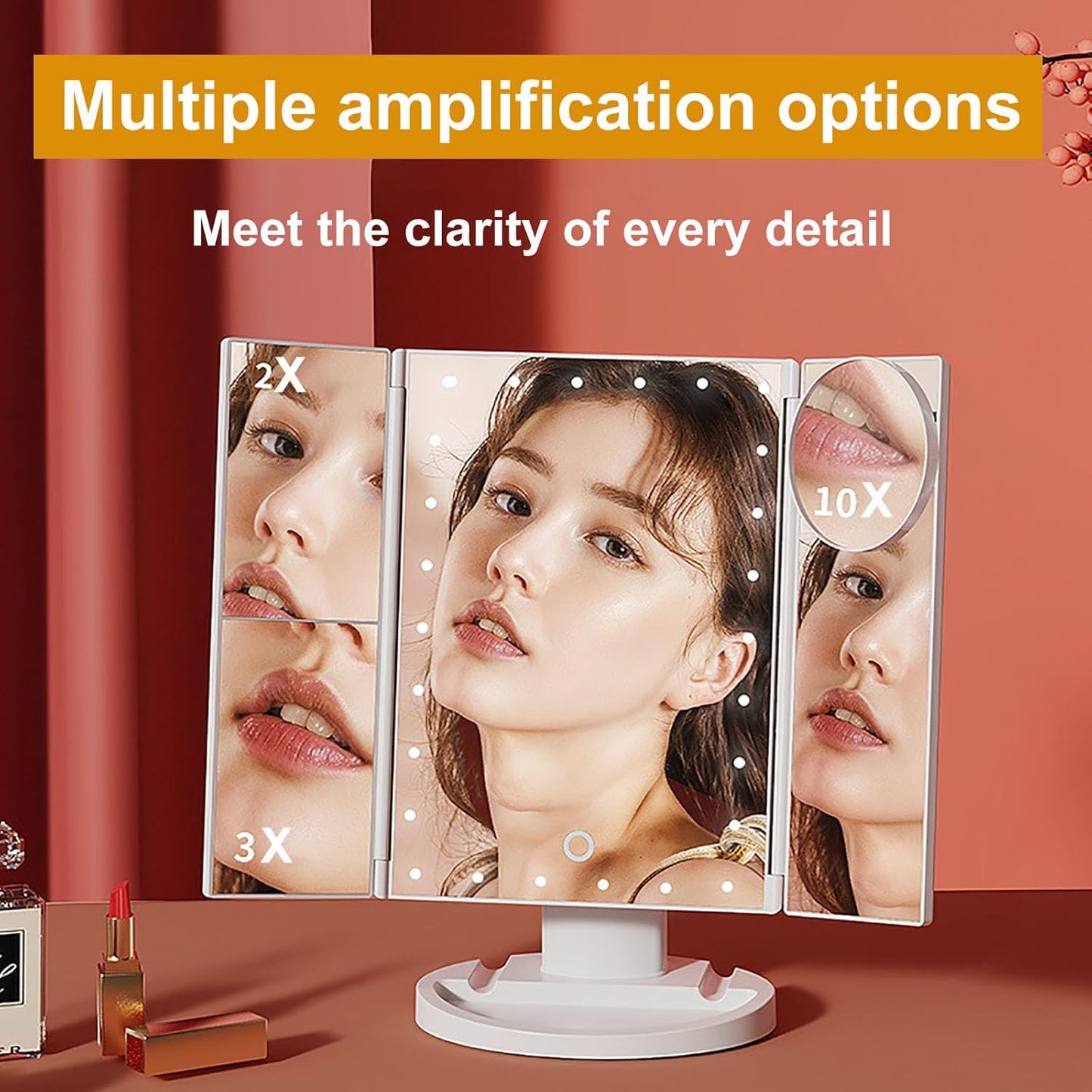 Tri-Fold LED Makeup Mirror | Portable Tabletop Vanity Mirror | Stepless Dimming | 1X/2X/3X Magnification + 10X Small Mirror | Home & Travel Makeup Tool (Pink)