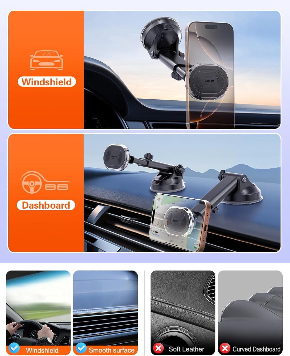 volport Magnetic Phone Holder for Car, Industrial-Strength Suction Cup Phone Mount Windshield Dashboard, Strong Magnets Adjustable Phone Mount for Phone, Requires Metal Plate (3 Included) for Use