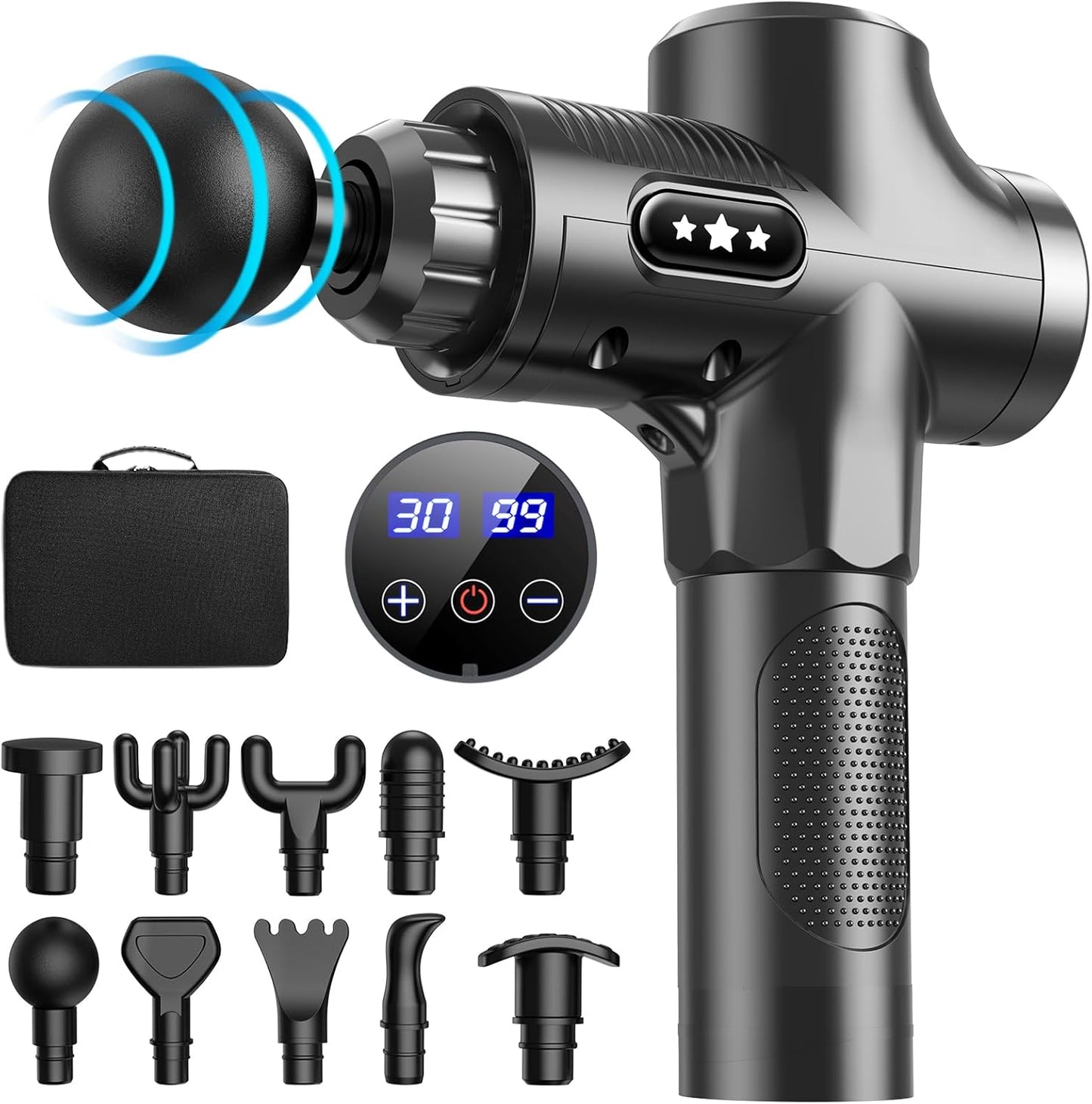 Muscle Massage Gun, 30 Speeds Deep Tissue Muscle Massager Gun, 2500 mAh Rechargeable Battery, 3300RPM Silent Electric Massager, 10 Heads, LCD Touch Screen