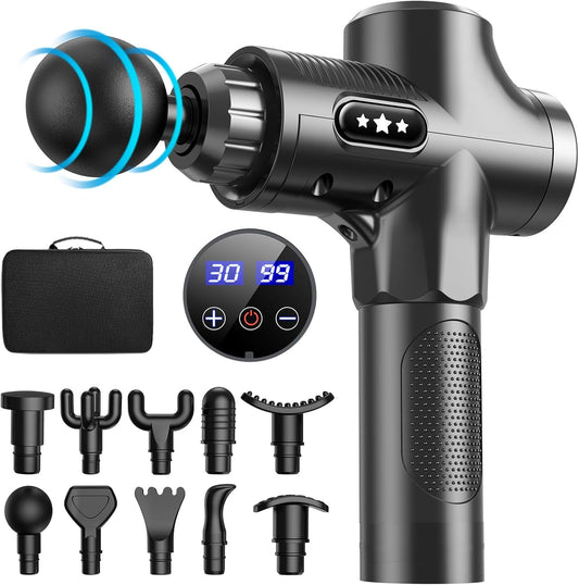 Muscle Massage Gun, 30 Speeds Deep Tissue Muscle Massager Gun, 2500 mAh Rechargeable Battery, 3300RPM Silent Electric Massager, 10 Heads, LCD Touch Screen