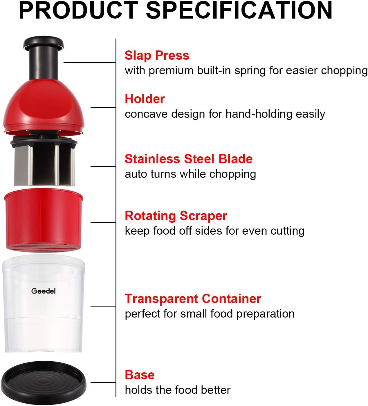 Geedel Food Chopper, Easy to Clean Manual Hand Chopper Dicer, Slap Press Chopper Mincer for Vegetables Onion Garlic Nuts Salads