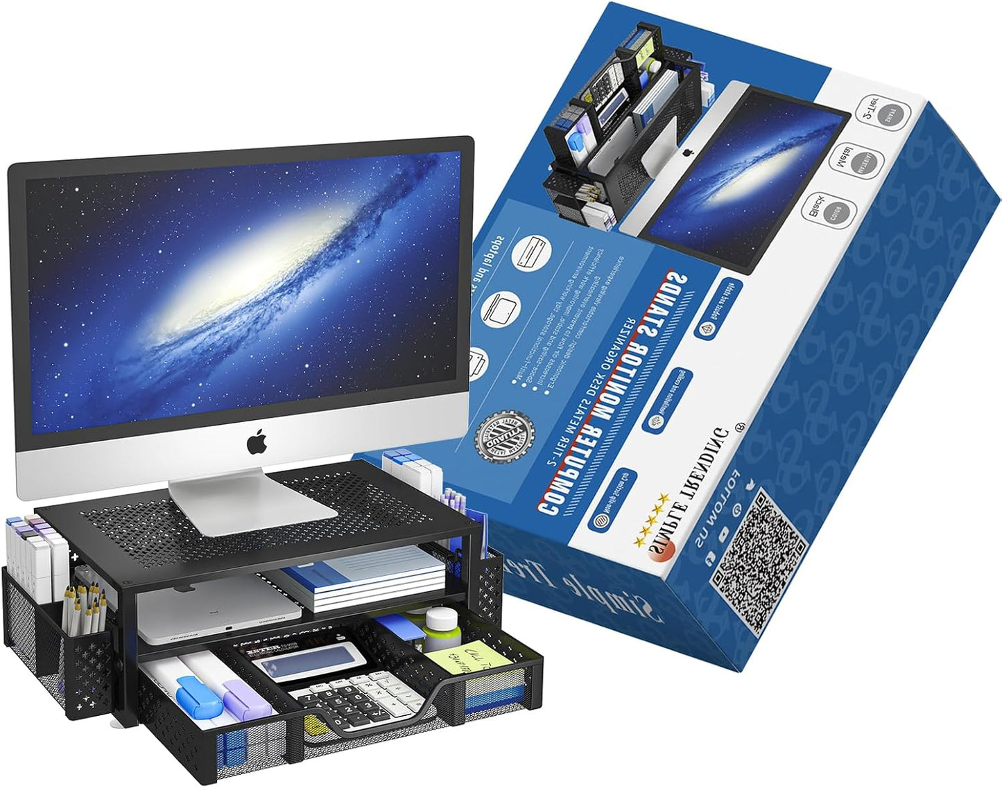 Simple Trending 2 Tier Metal Monitor Stand Monitor riser and Computer Desk Organizer with Drawer and Pen Holder for Laptop, Computer, iMac, Black