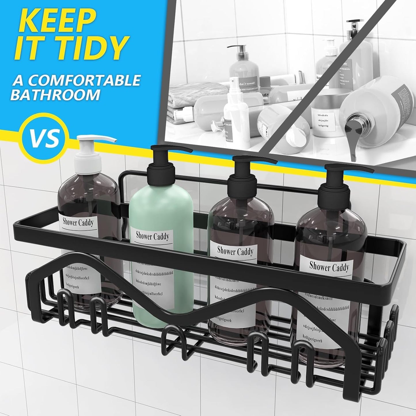 Coraje Adhesive Shower Caddy, 5-Pack Shower Shelves, Large Capacity Load Bearing 40 LBS Shower Organizer, No Drilling Shower Shelf, Rustproof Stainless Steel Bathroom Shower Storage, Black
