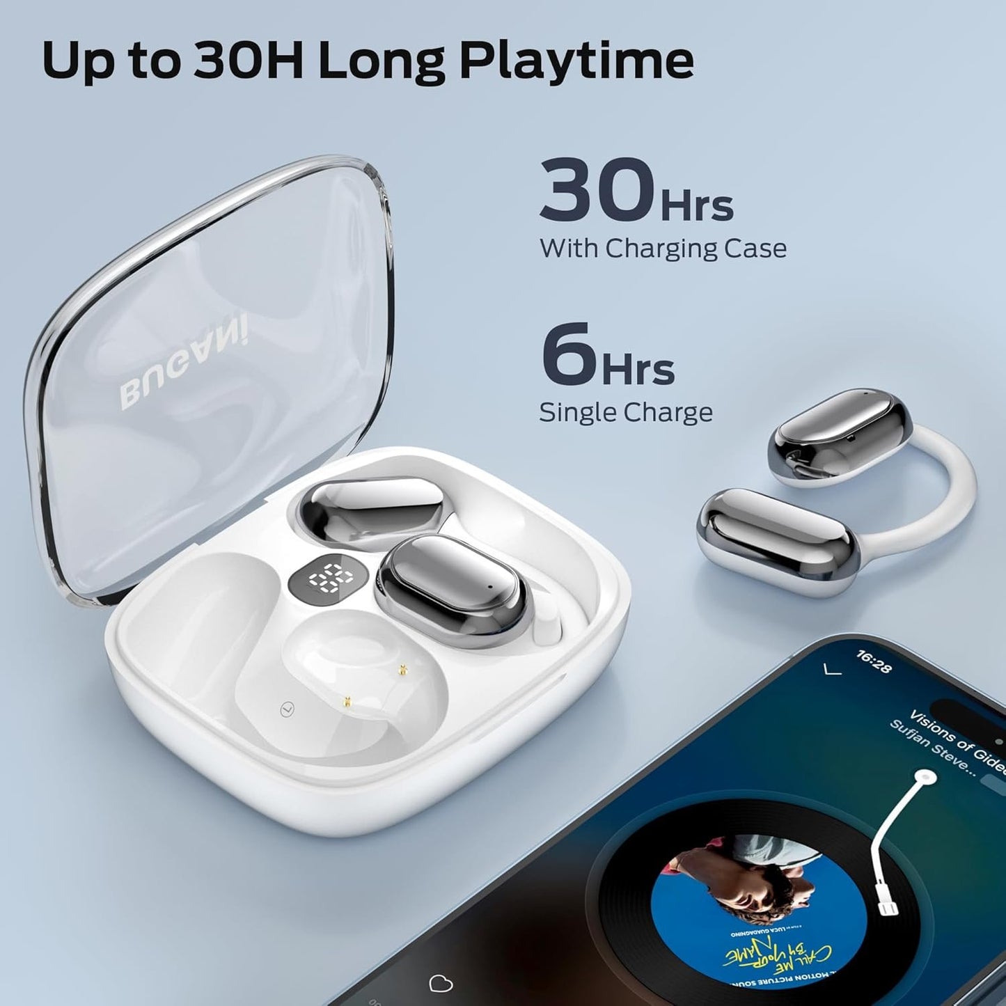 BUGANI Open Ear Headphones, Open Ear Earbuds with Immersive Stereo Sound, Clear Talk, Bluetooth 5.3 Wireless Headphones with Dual Large Driver, 30H Playtime, Waterproof Sport Earbuds for Running