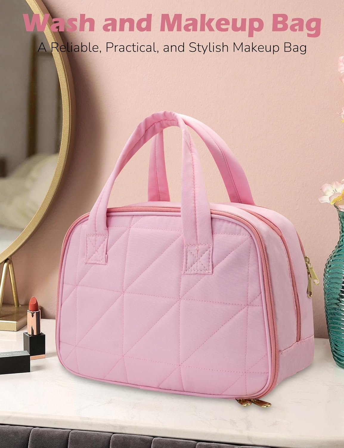 Travel Toiletry Bag, Large Capacity Makeup Organizer, Water-Resistant Make up Travel Bags, Cute Cosmetic Travel Bag with Handle, Hanging Case for Accessories, Cosmetics, Toiletries (Black)