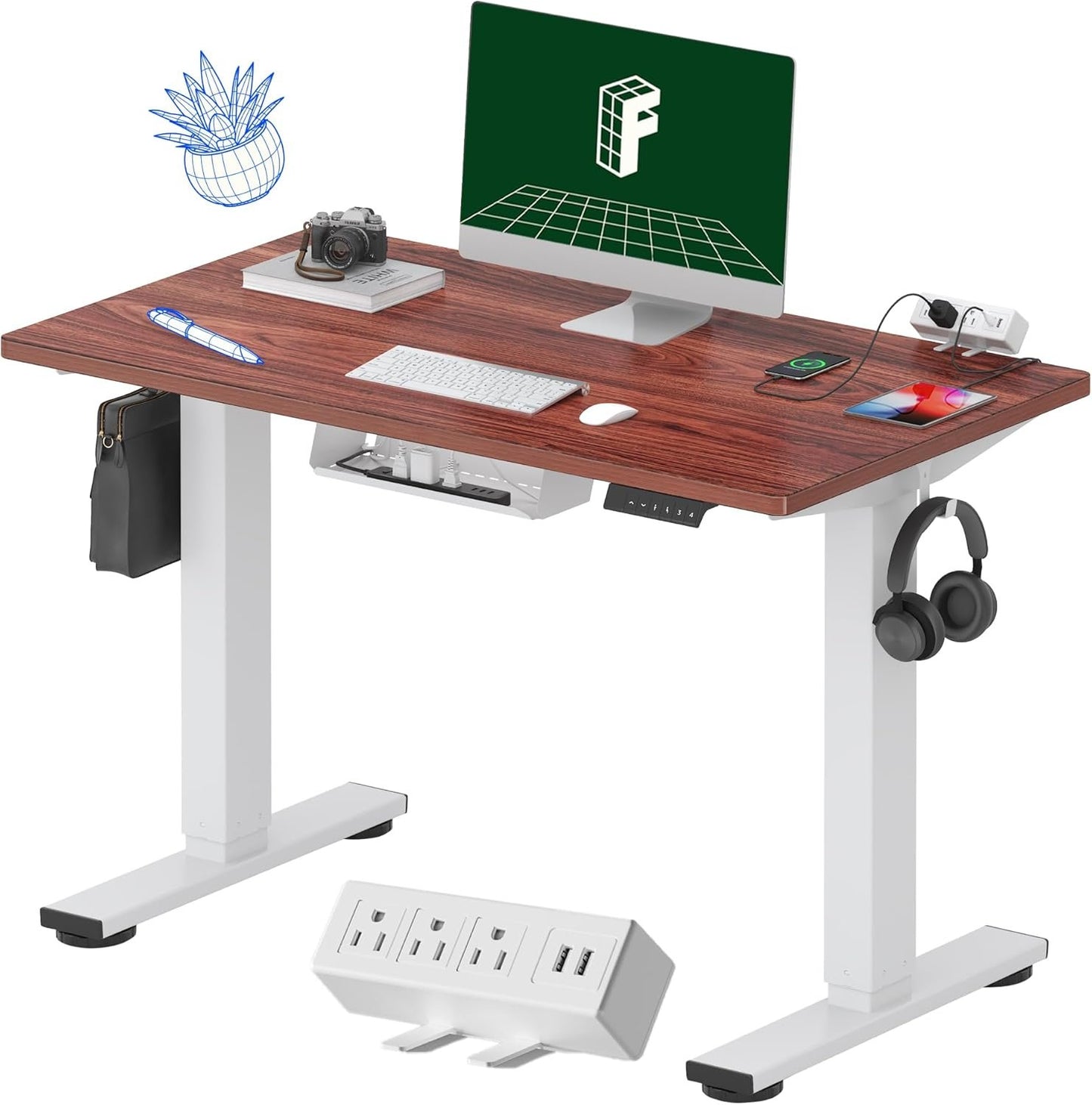 FLEXISPOT EN1 Essential Adjustable Height Desk Electric 40 inch X 24 inch Whole-Piece Desktop Small Standing Desk Ergonomic Memory Controller (White Frame + 40 inch Mahogany Desktop)