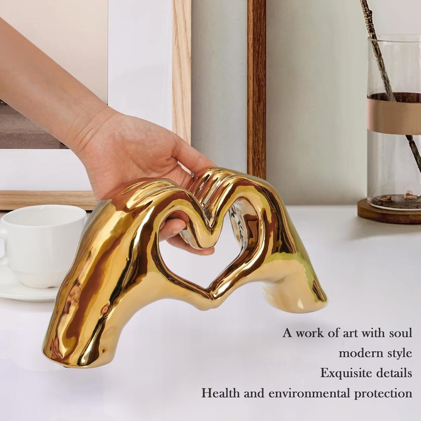 Notakia Gold Decor Heart Hands Statue for Living Room Bedroom Bookshelf Coffe Table, Modern Shelf Decor Love Finger Sculpture for Wedding Decorations Gifts, Unique Women Birthday (Gold)