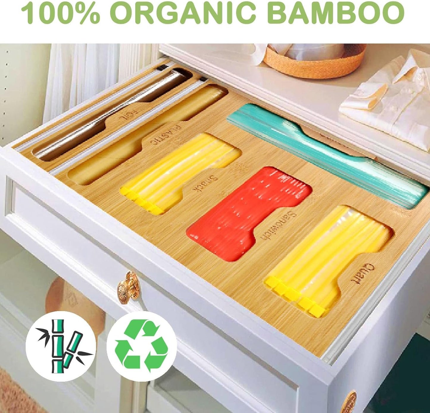 Bag Storage 6 IN 1 Foil and Plastic Wrap Organizer for Kitchen Drawer, Plastic Wrap Dispenser with Cutter, 100% bamboo foil and plastic wrap organizer,bag organizer for Drawer Gallon, Quart