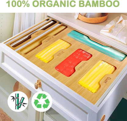 Bag Storage 6 IN 1 Foil and Plastic Wrap Organizer for Kitchen Drawer, Plastic Wrap Dispenser with Cutter, 100% bamboo foil and plastic wrap organizer,bag organizer for Drawer Gallon, Quart