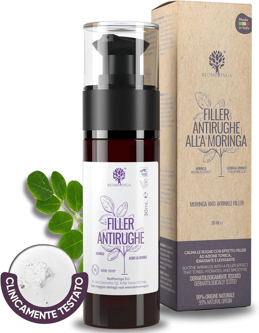 RedMoringa - Hyaluronic Acid Face Filler with 3 Molecular Weights, Anti-Wrinkle 99% Natural - Wrinkles Filler Face Serum with Moringa Extract - Clinically Tested - 30 ml