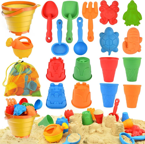 Beach Toys, Sandbox Toys with Collapsible Sand Bucket, Shovel Set, Sand Castle Kit, Animal Molds Mesh Bag, Summer Water Poor Sea Outdoor Play Travel Toys for Kids Toddlers Boys Girls-19PCS