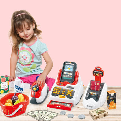 Pretend Play Cash Register Toy Role Play Shopping Cashier Playset with Scanner Card Machine Toy Foods Fruits 33pcs Set Funtional Checkout Game Educational Toy for Kids Birthday