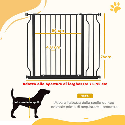 PawHut Safety Gate for Dogs Extendable 75-95 cm and Adjustable for Stairs and Doors, 76 cm High Steel and ABS Black