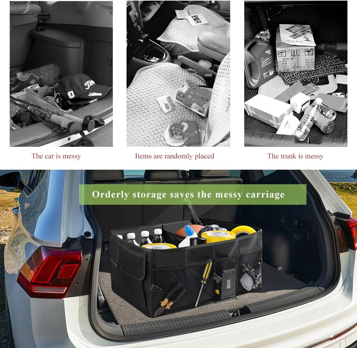 JUSTTOP Car Trunk Organizer, Collapsible Multi-Compartment Auto Trunk Cargo Storage Box with Pockets, Large Capacity Waterproof Premium Oxford Organizer for Car Truck SUV