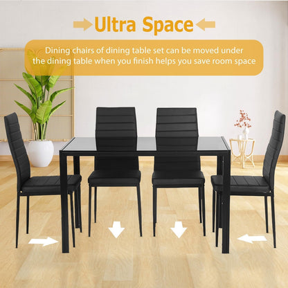 Ruesleag Dining Table Set 5-Piece Dining Room Glass Tabletop Table &Upholstered Chairs for 4 Modern Kitchen Table with Chairs Space-Saving Home Furniture for Dining Room Kitchen Living Room,White