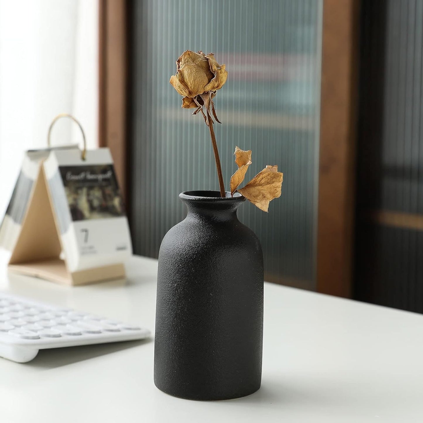 Fohouse Ceramic Vases for Home Decor, Small Flower Vase Set of 3 for Pampas Grass, Home, Living Room, Dining Table, Farmhouse, Office Decor, Bedroom, Table, and Kitchen Shelf, Black