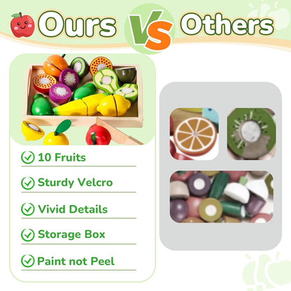 Wooden Play Food Montessori Toys for 2 3 4 Year Old Girls Boys Cutting Fruits Pretend Play Kitchen Accessories Toddlers Educational Kids Toys Birthday Gifts for 2 3 4 5 Year Old Boy Girl