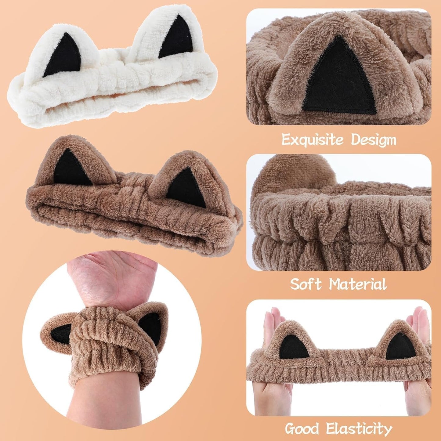 PalqwinduX 2Pcs Cat Ears Spa Headbands for Washing Face Makeup Skincare, Soft Coral Fleece Facial Wash Hair Accessories, Cute Animal Elastic Headband, Fuzzy Cartoon Hair Bands, Hairs Holder for Women