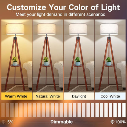 OUTON Dimmable Wood Tripod Floor Lamp with Shelves, Remote Control, Mid Century Modern Standing Lamp 58.5" for Bedroom, Living Room & Office, Beige Lamp Shade Include E26 9W Bulb